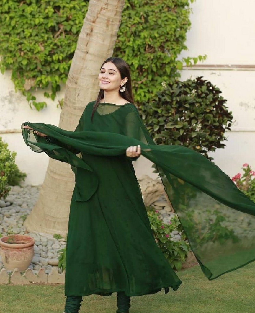 Bottle Green Chiffon Dress (03 Piece)