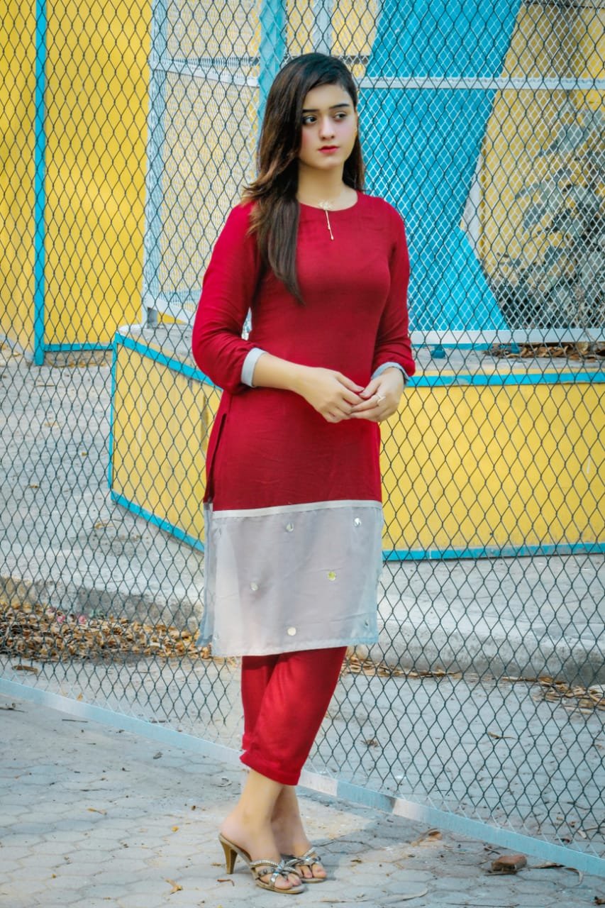 Maroon Dress With Grey Mirror Touch (02 Piece)