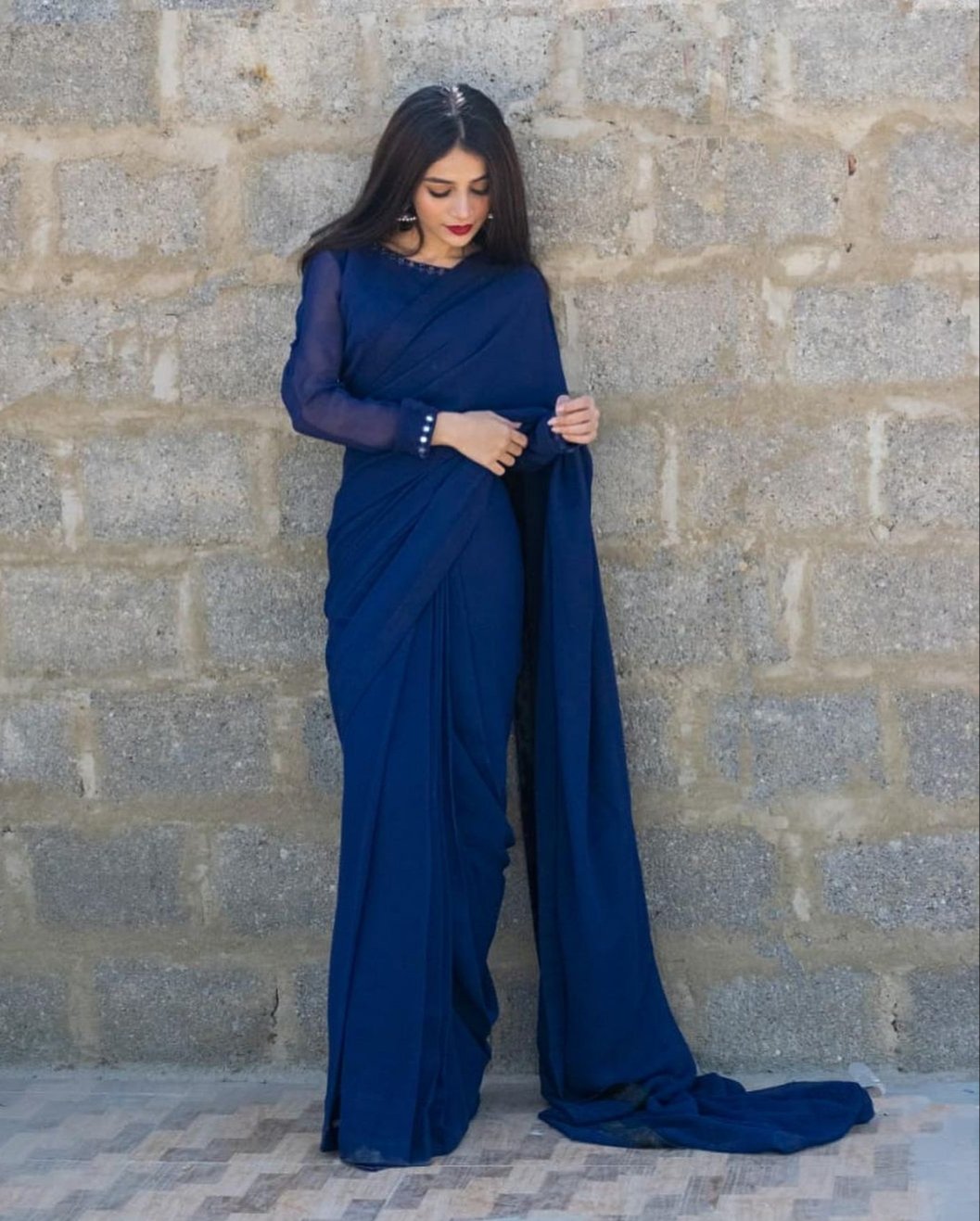 Blue Chiffon Mirror Touch Saree