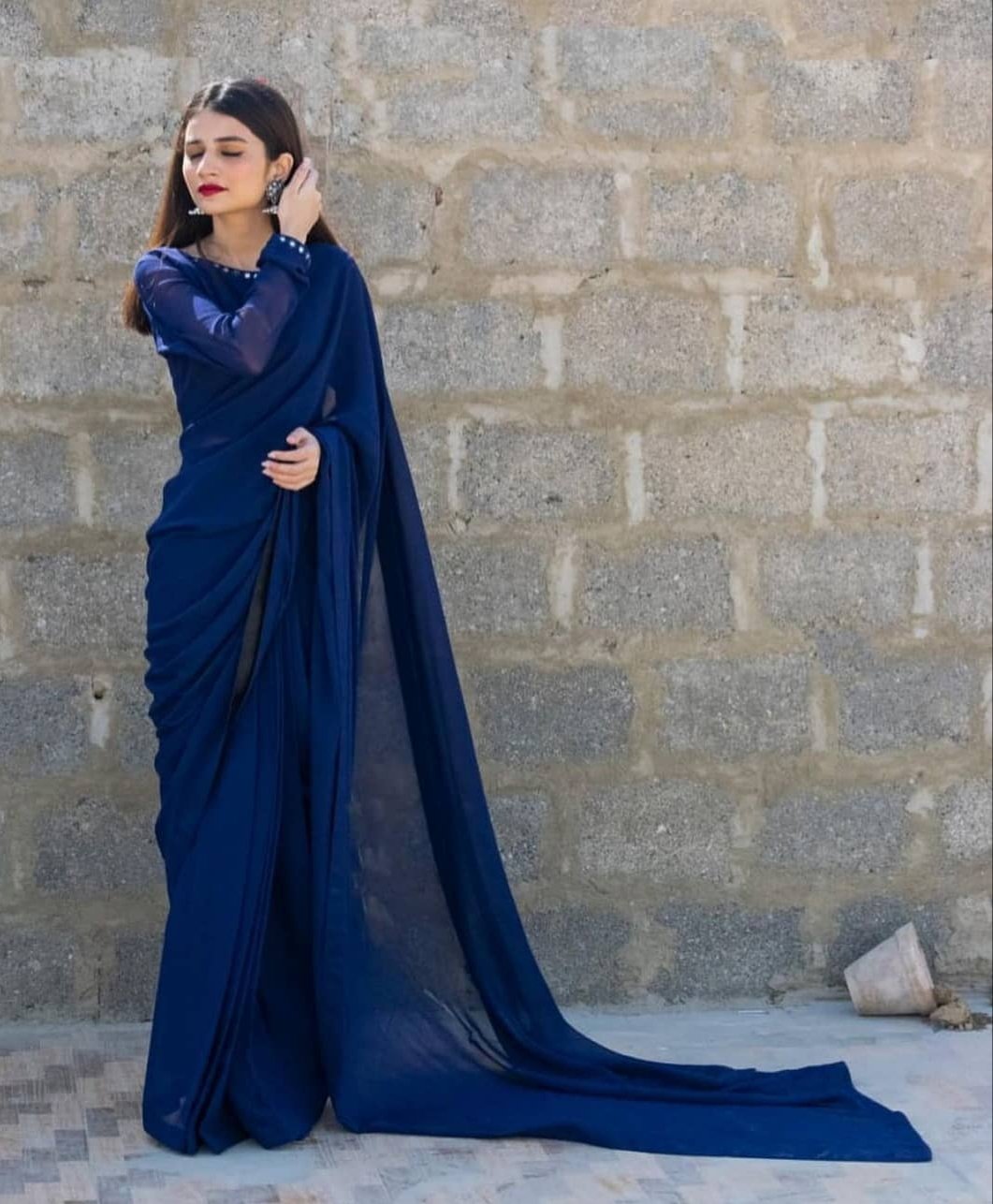 Blue Chiffon Mirror Touch Saree