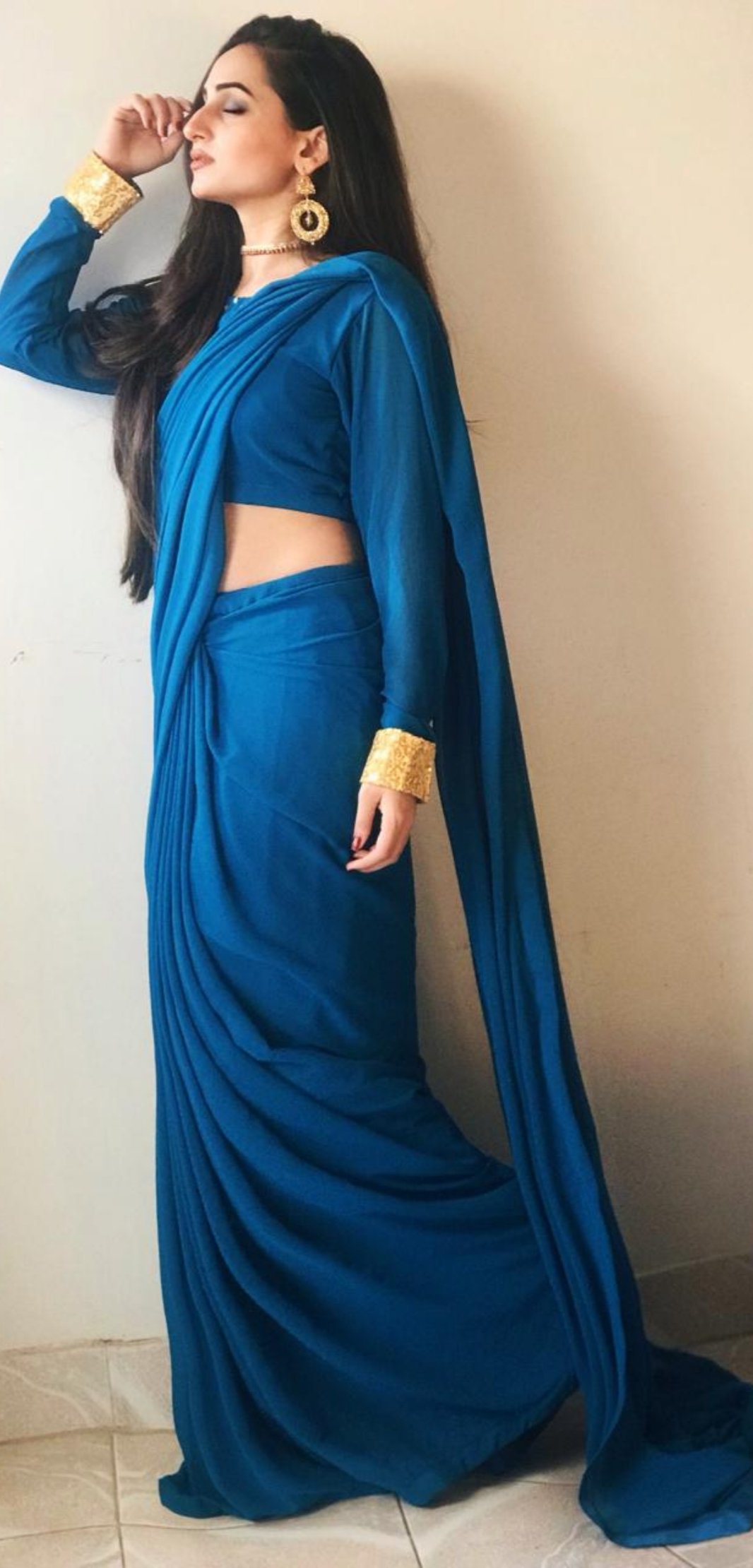 Saphire Blue Chiffon Saree With Golden Sequin Touch