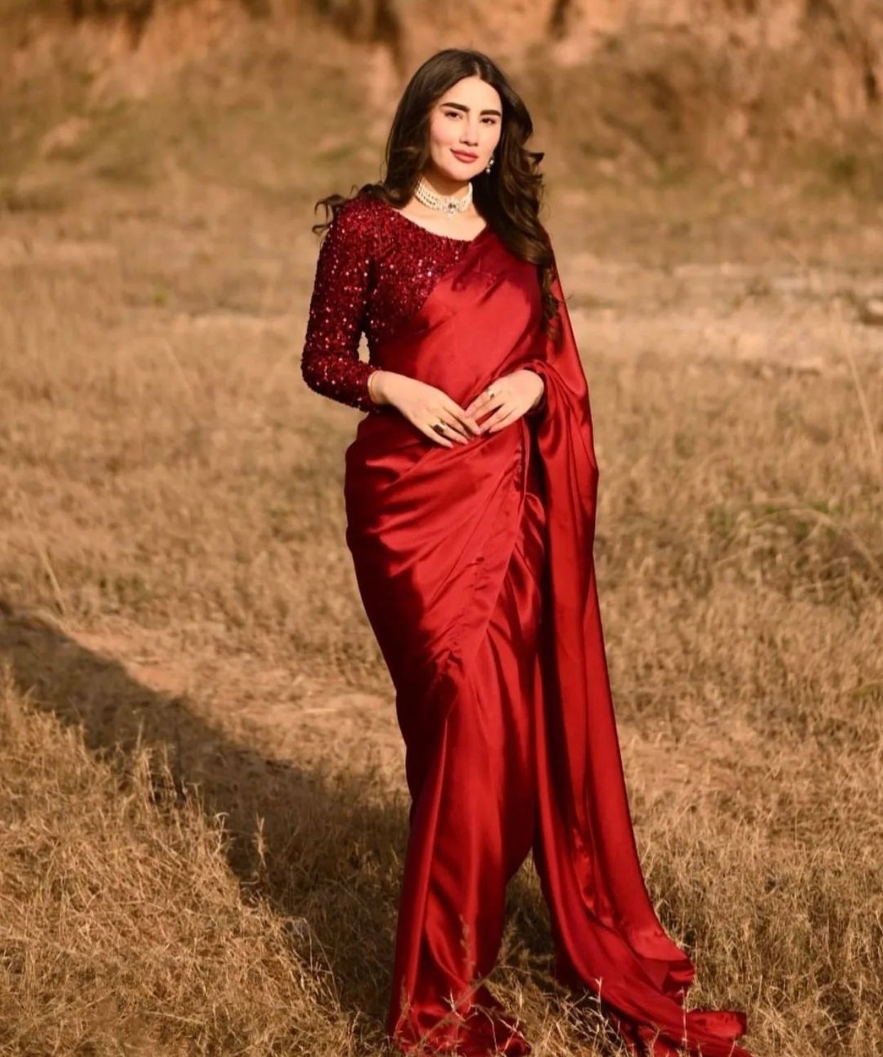 Stitched Red Silk Saree With Red Sequin Blouse