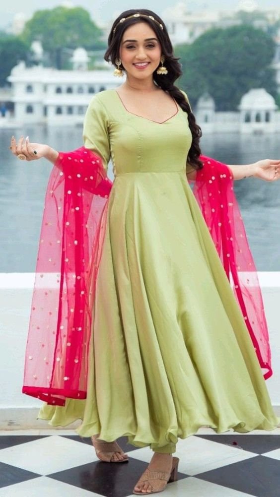 Green and Pink Anarkali Dress (03 Piece)