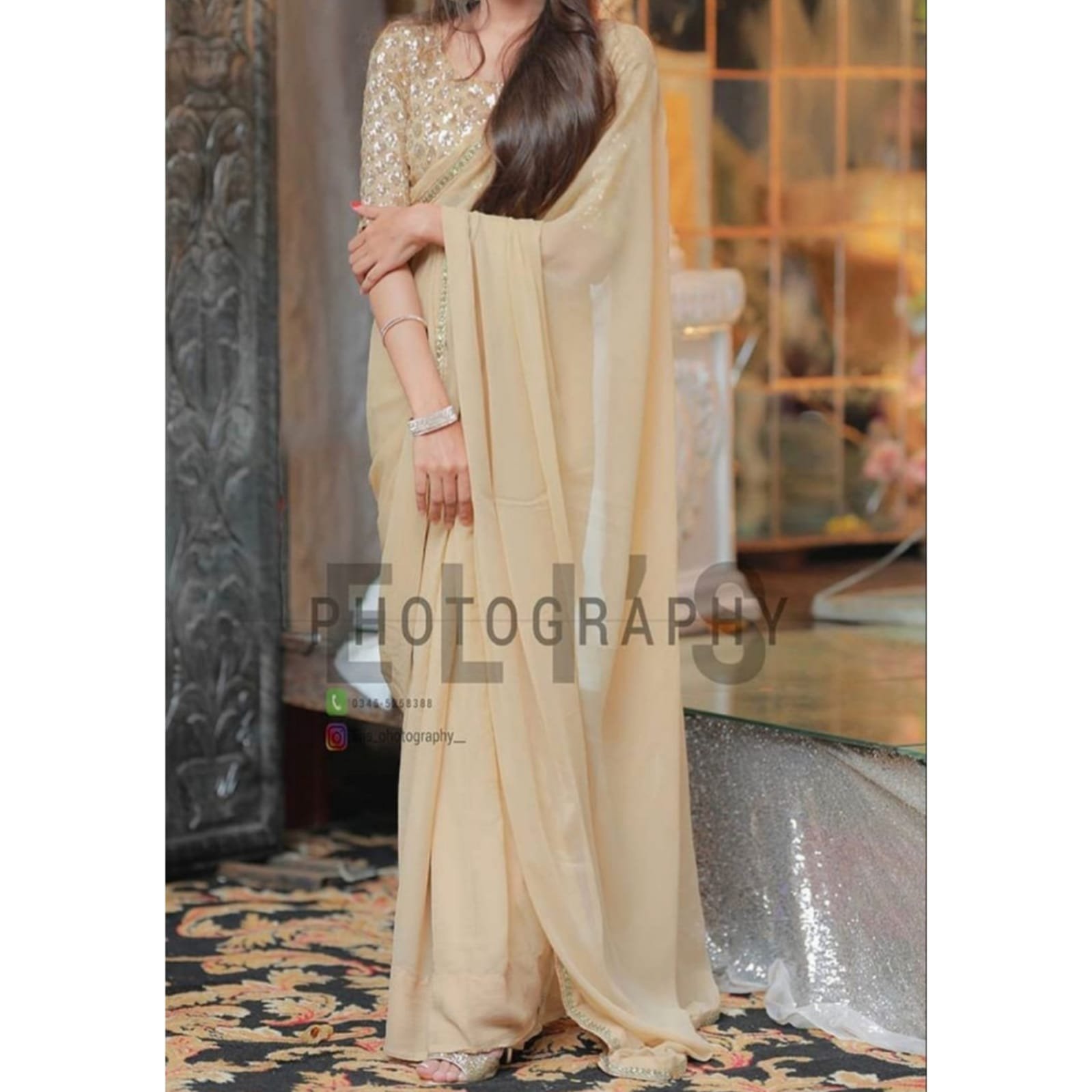 Stitched Skin Chiffon Saree With Golden Sequin Blouse