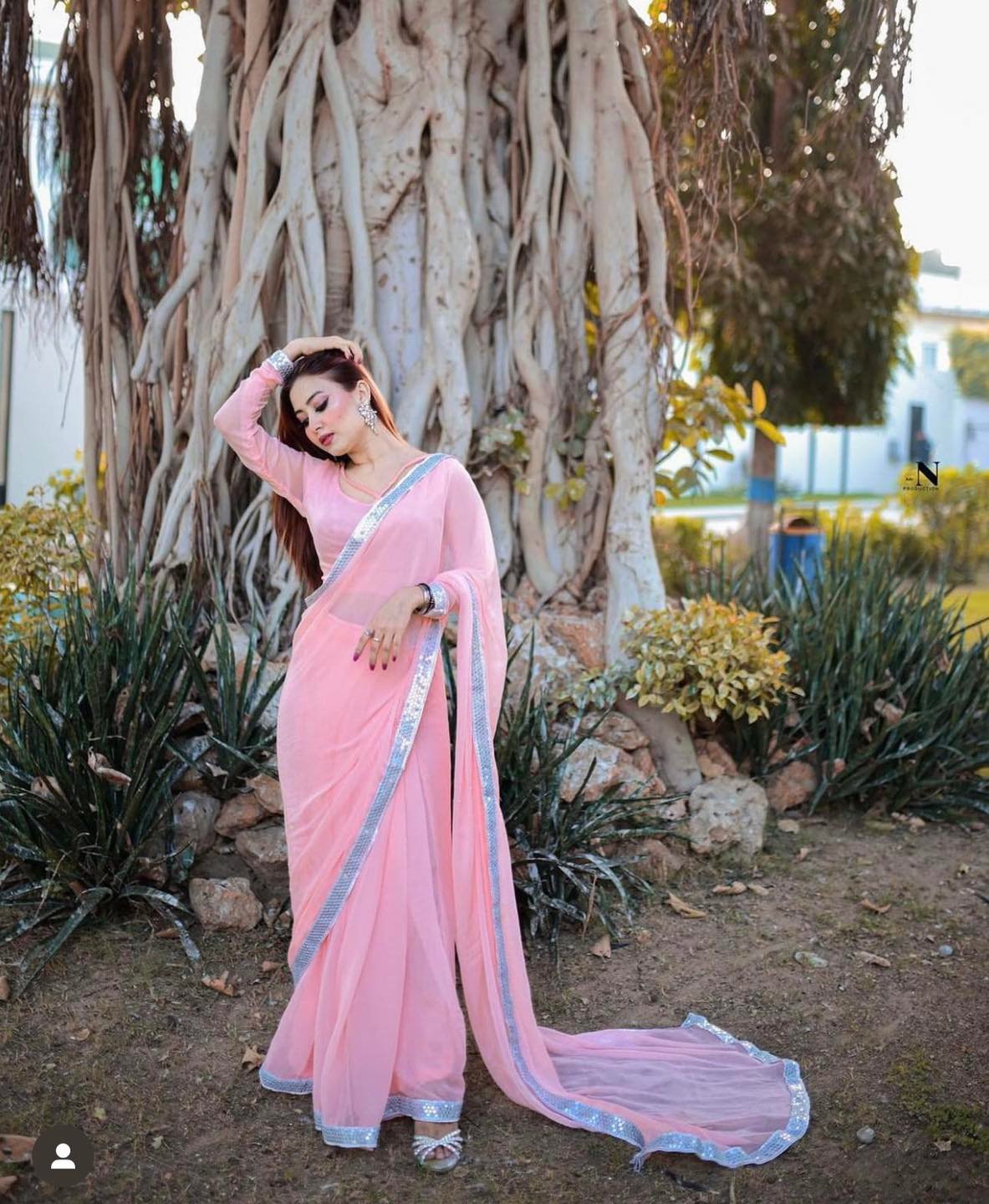 Stitched Baby Pink Chiffon Saree With Silver Touch