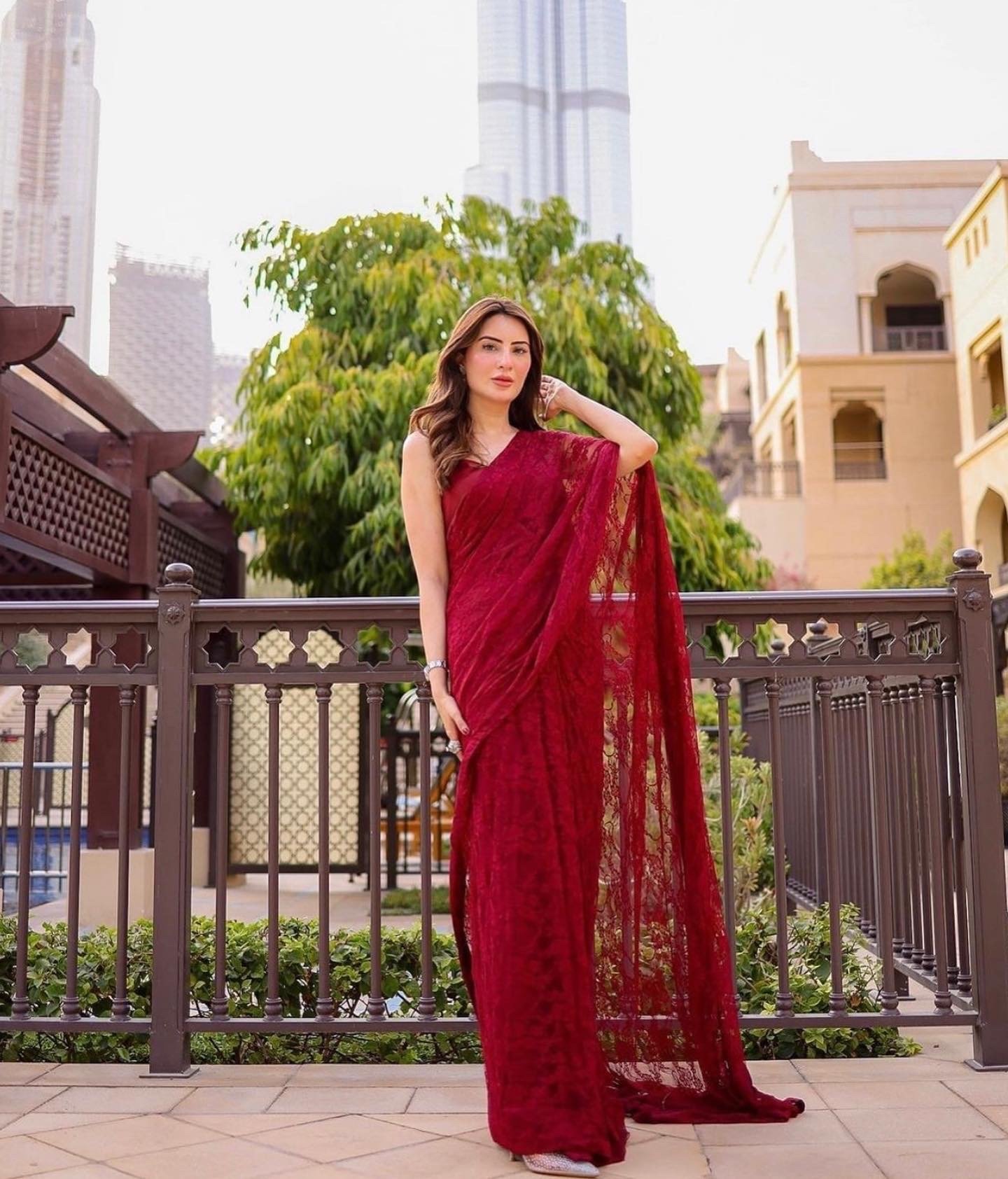 Stitched Red Embroidered Net Saree With Long Pallu