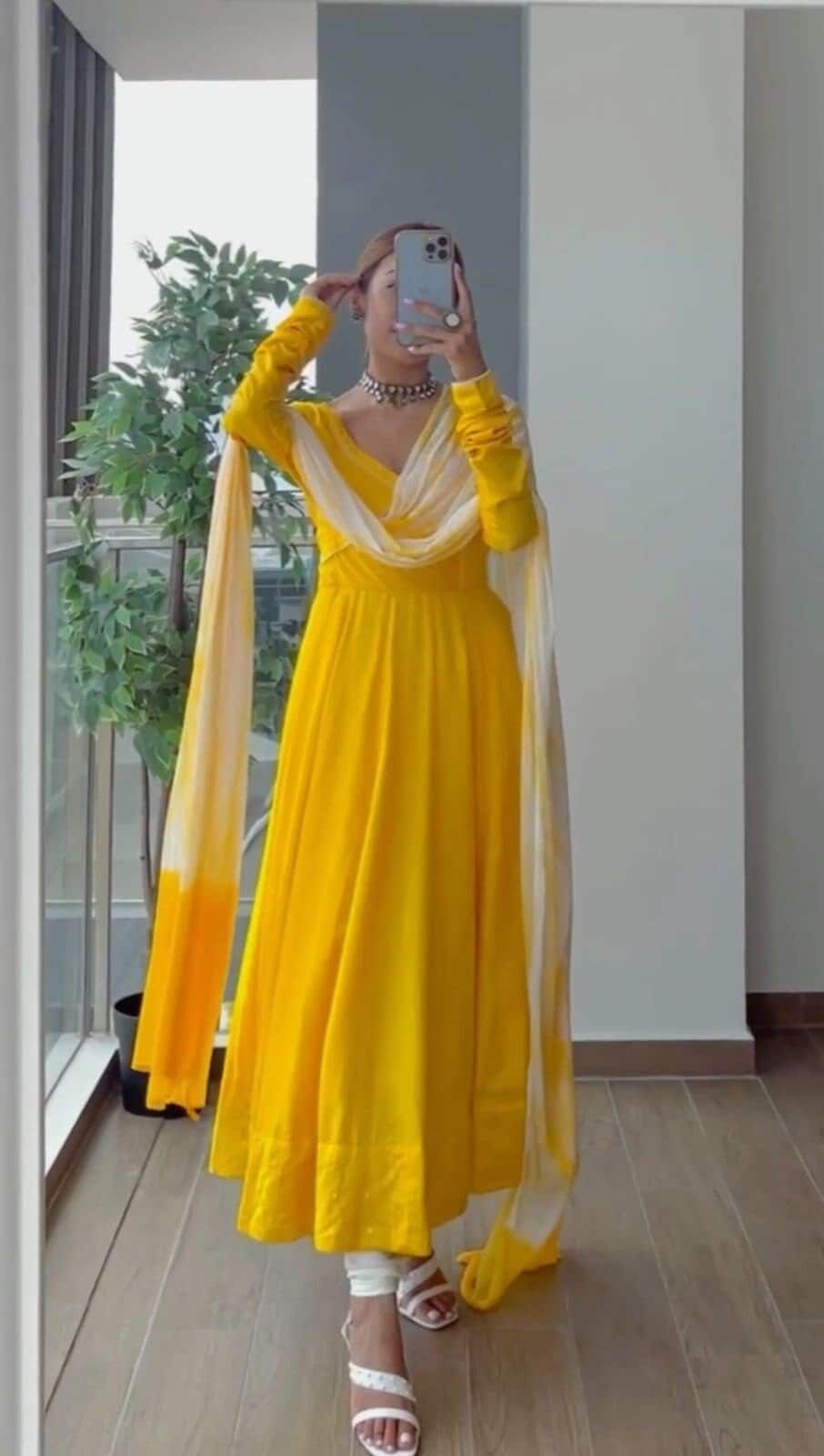 Yellow Chiffon Anarkali Dress (03 Piece)