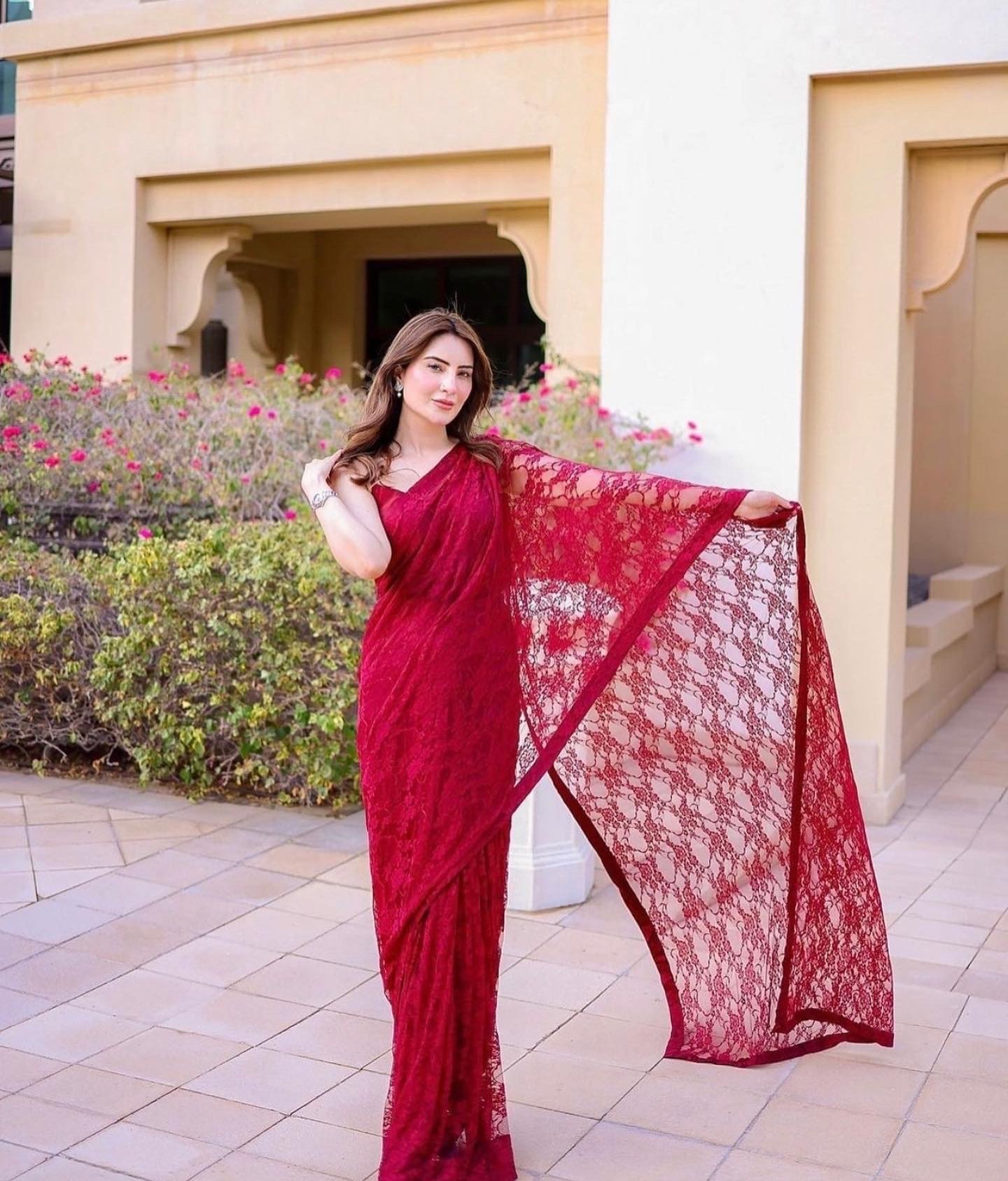 Stitched Red Embroidered Net Saree With Long Pallu