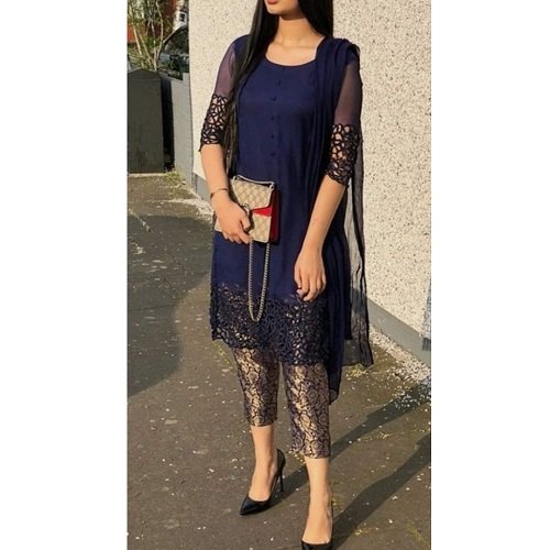 Blue Chiffon Kurti With Banarsi Trouser (03 Piece)