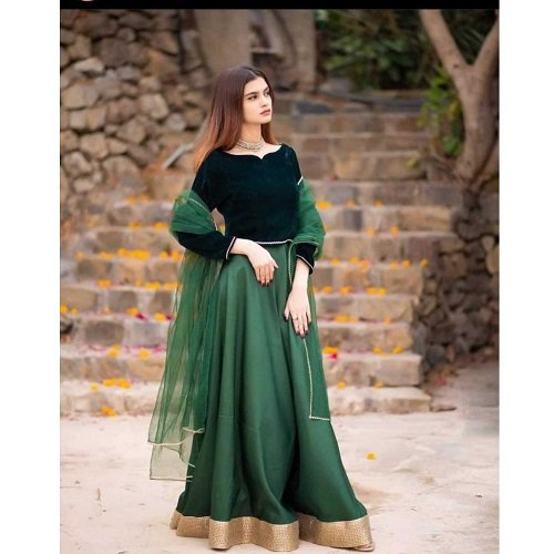 Sea Green Velvet Top With Skirt & Duppatta