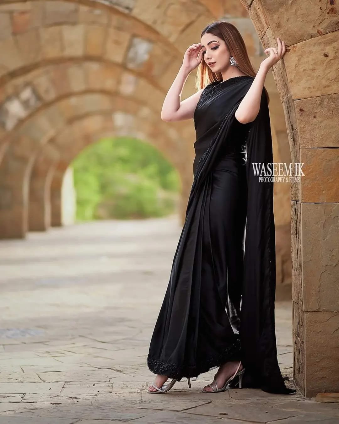 Stitched Black Silk Saree With Sequin Blouse & Borders