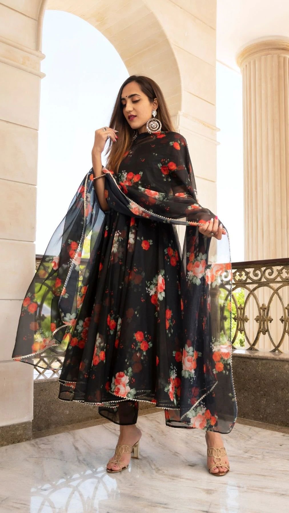 Black Floral Anarkali Dress (03 Piece)