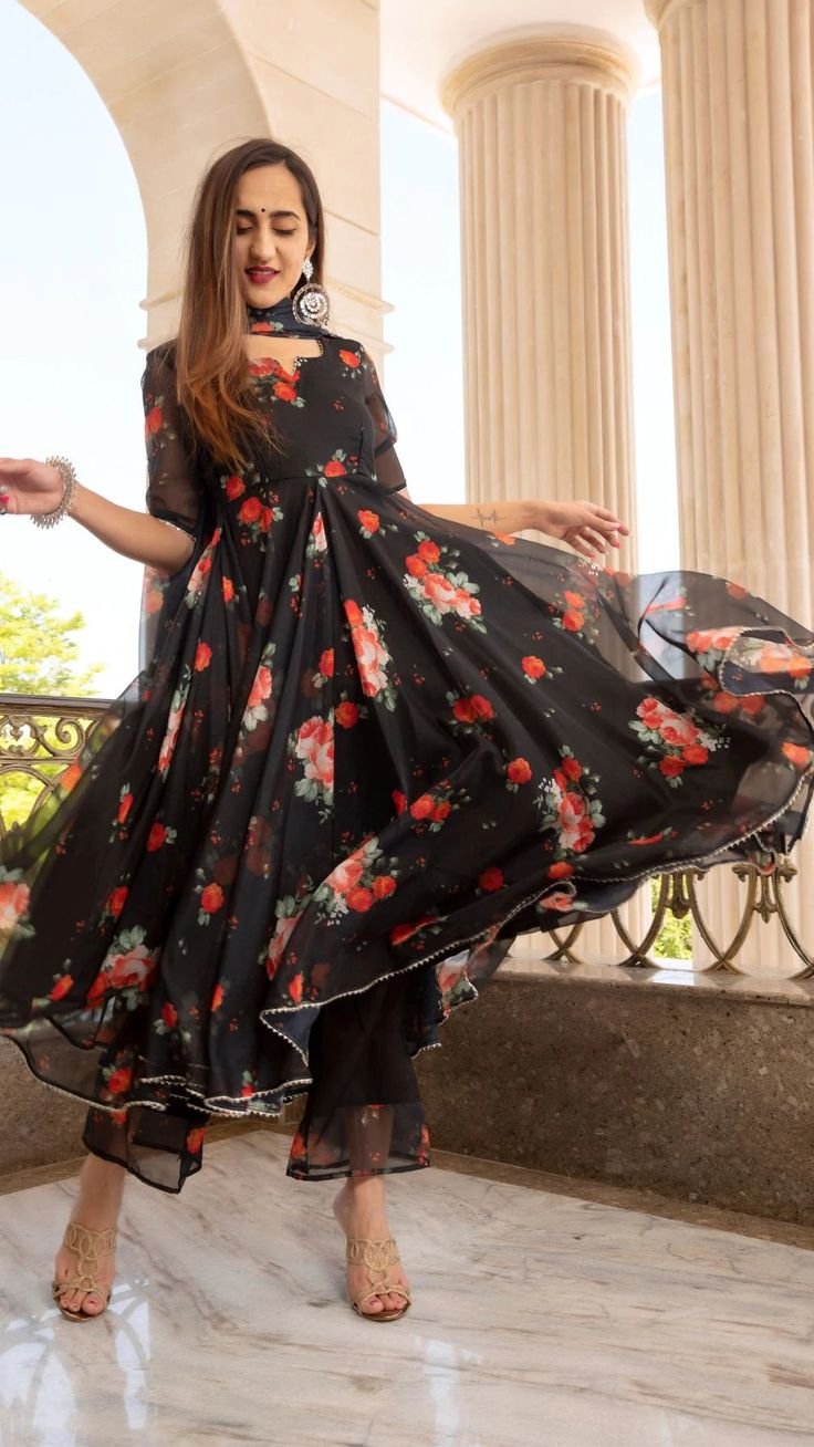 Black Floral Anarkali Dress (03 Piece)