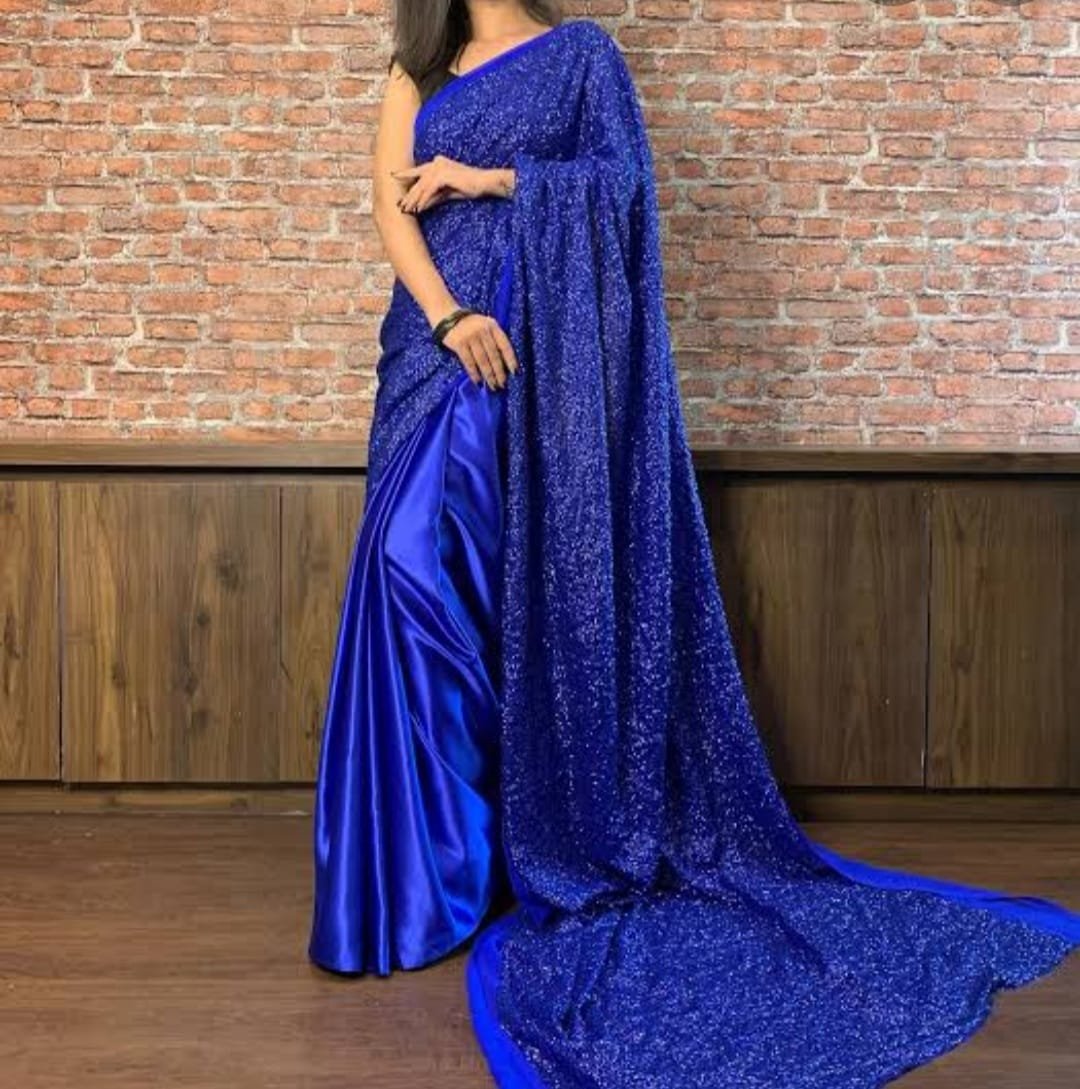 Stitched Blue Sequin Saree With Long Pallu