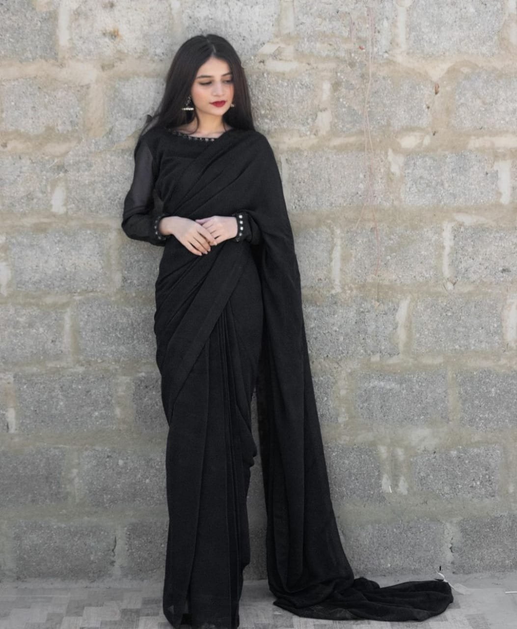 Stitched Black Chiffon Mirror Touch Saree