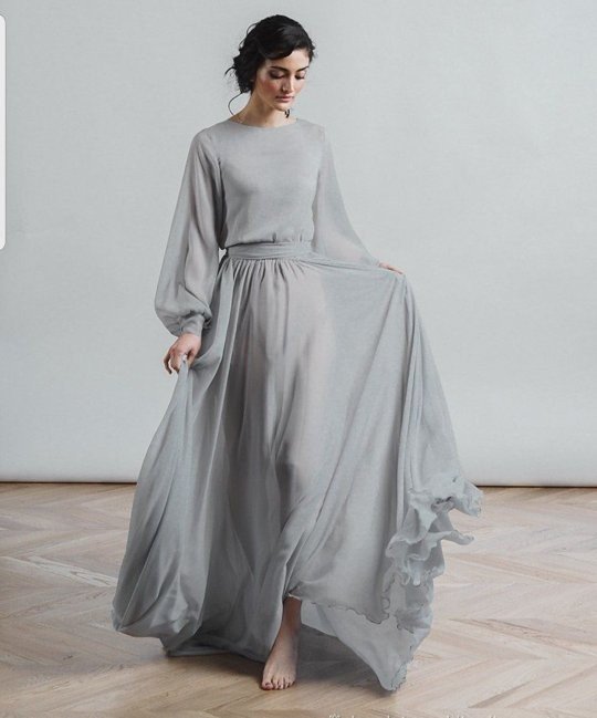 Grey Chiffon Heavy Flare Maxi Faash Wear UAE