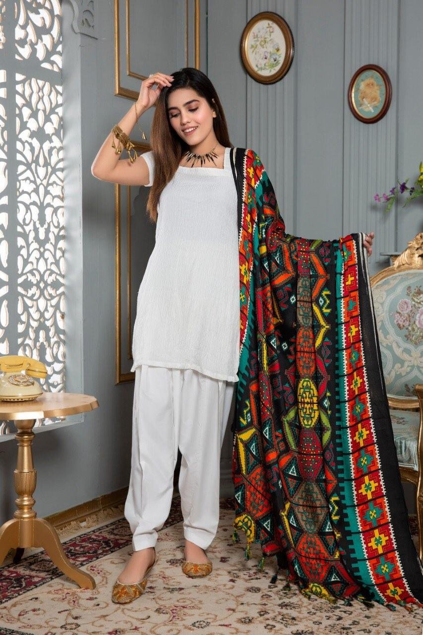 White Dress With Multishade Duppata (03 Piece)