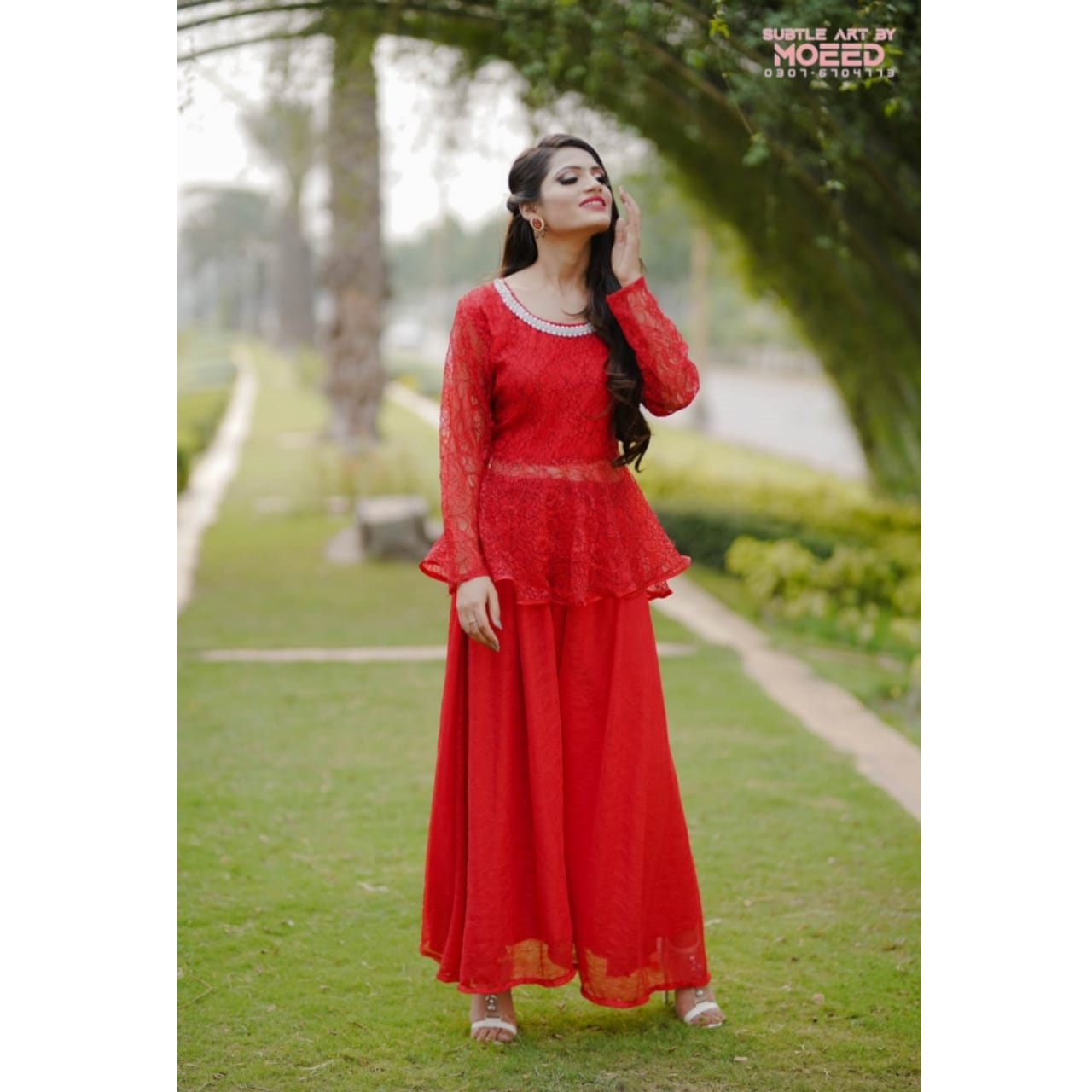 Red Embroidered Net Top & Skirt