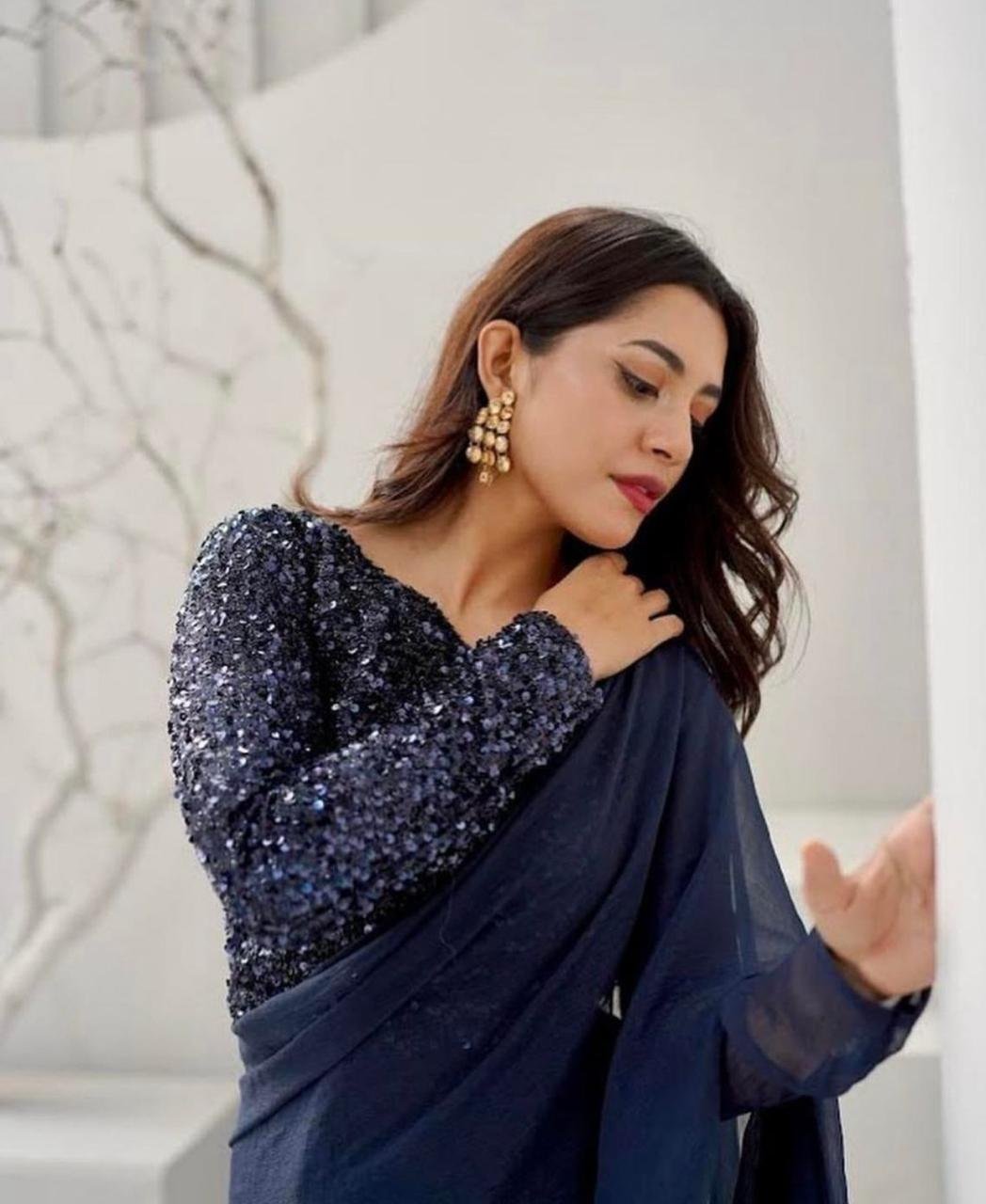 Stitched Navy Blue Sequin Blouse With Chiffon Saree