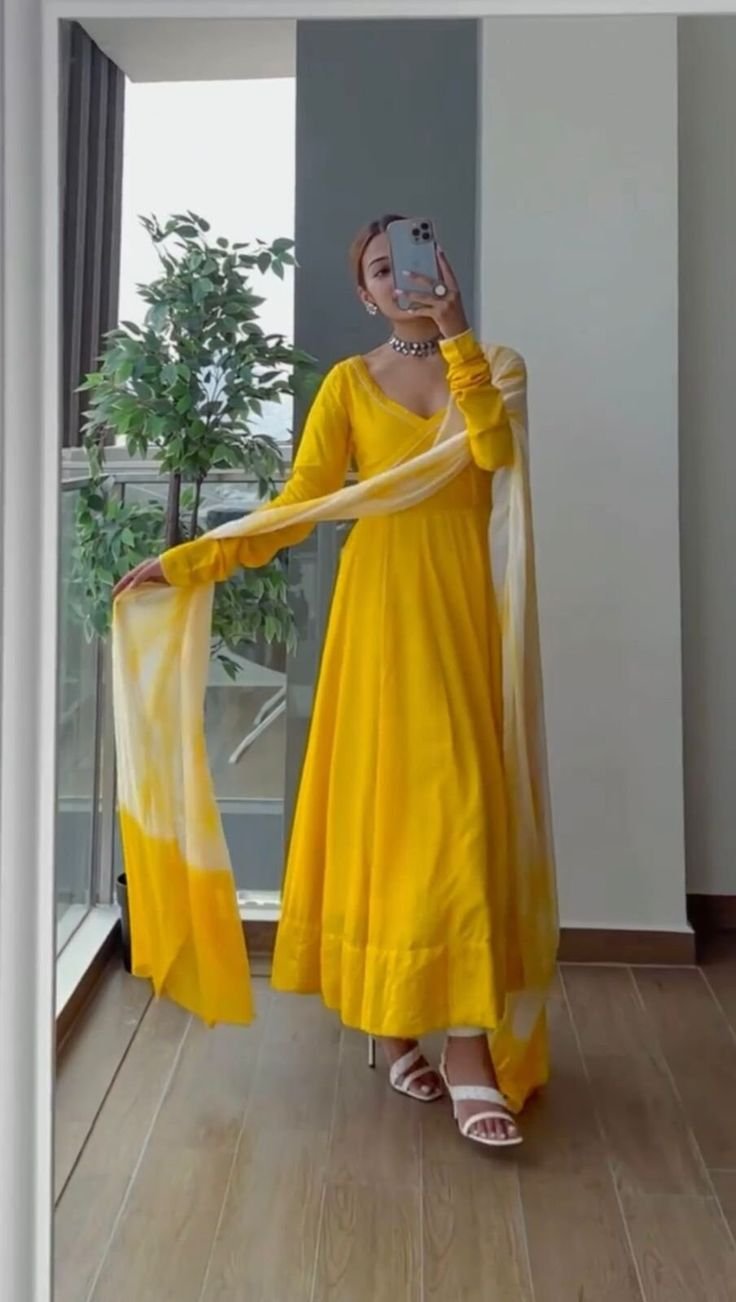 Yellow Chiffon Anarkali Dress (03 Piece)