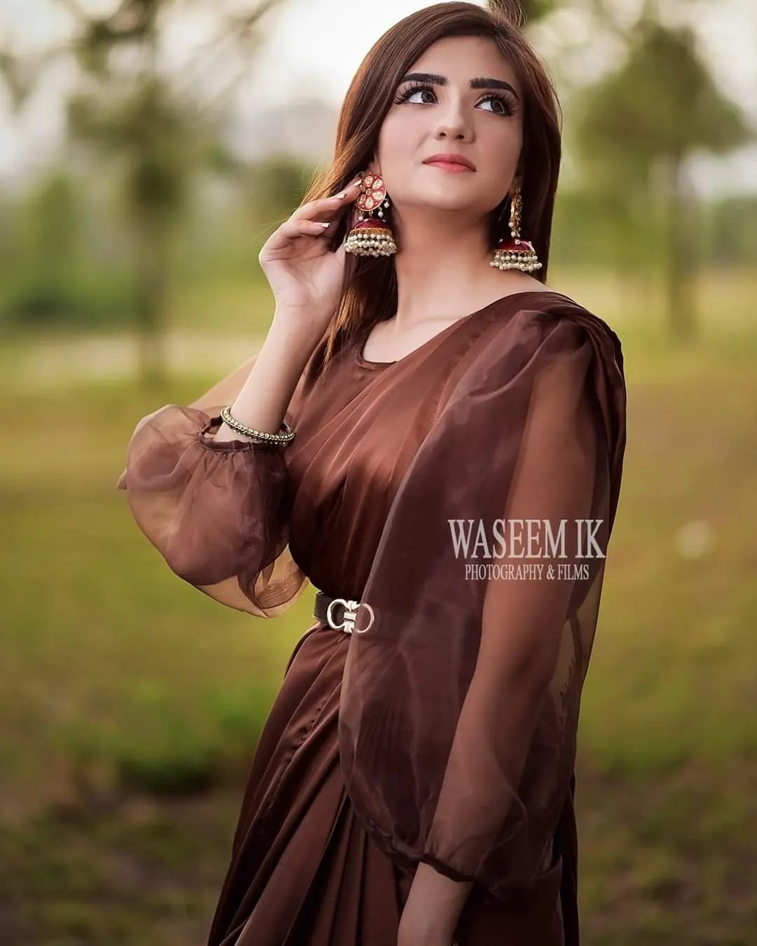 Stitched Brown Silk Saree With Organza Sleeves