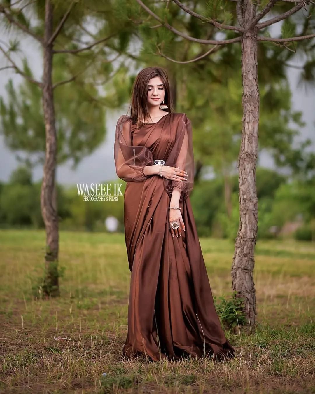 Stitched Brown Silk Saree With Organza Sleeves