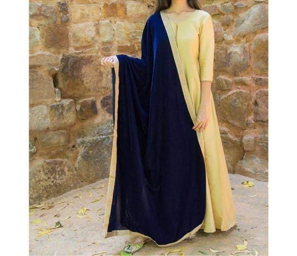 Golden Maxi With Blue Velvet Shawl