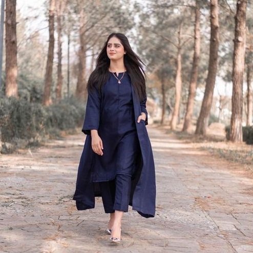 Navy Blue Stylish Dress With Upper (03 Piece)