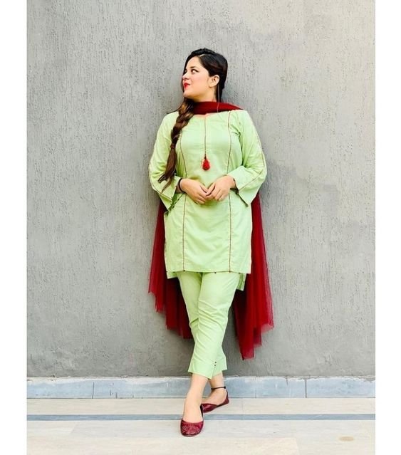 Parrot Green With Red Contrasted Dress (03 Piece)
