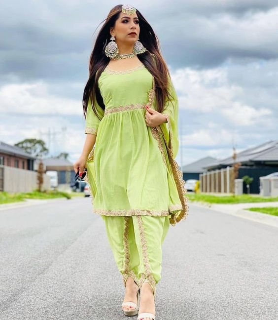 Parrot Green Punjabi Dress With Golden Touch (03 Piece)