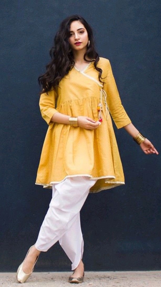 Yellow Peplum Angrakha Style Dress (02 Piece)